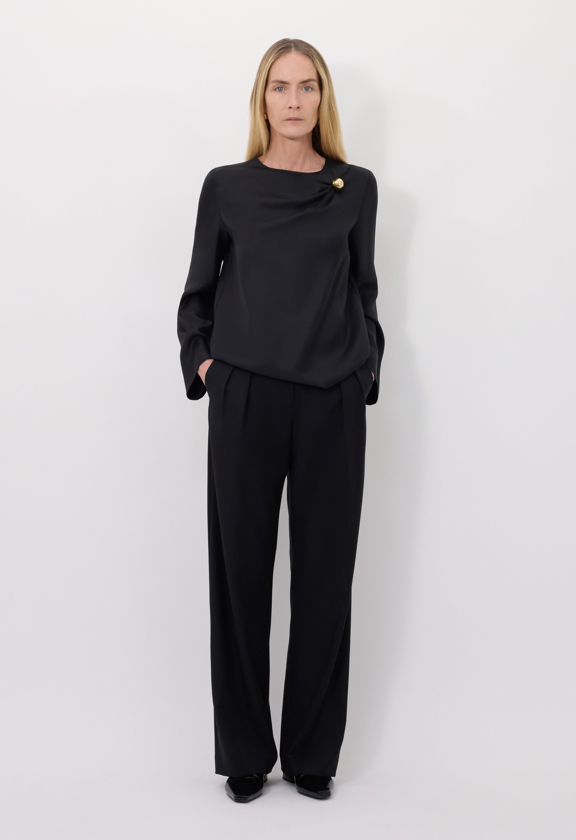 AZAE Draped silk top with metallic ornament