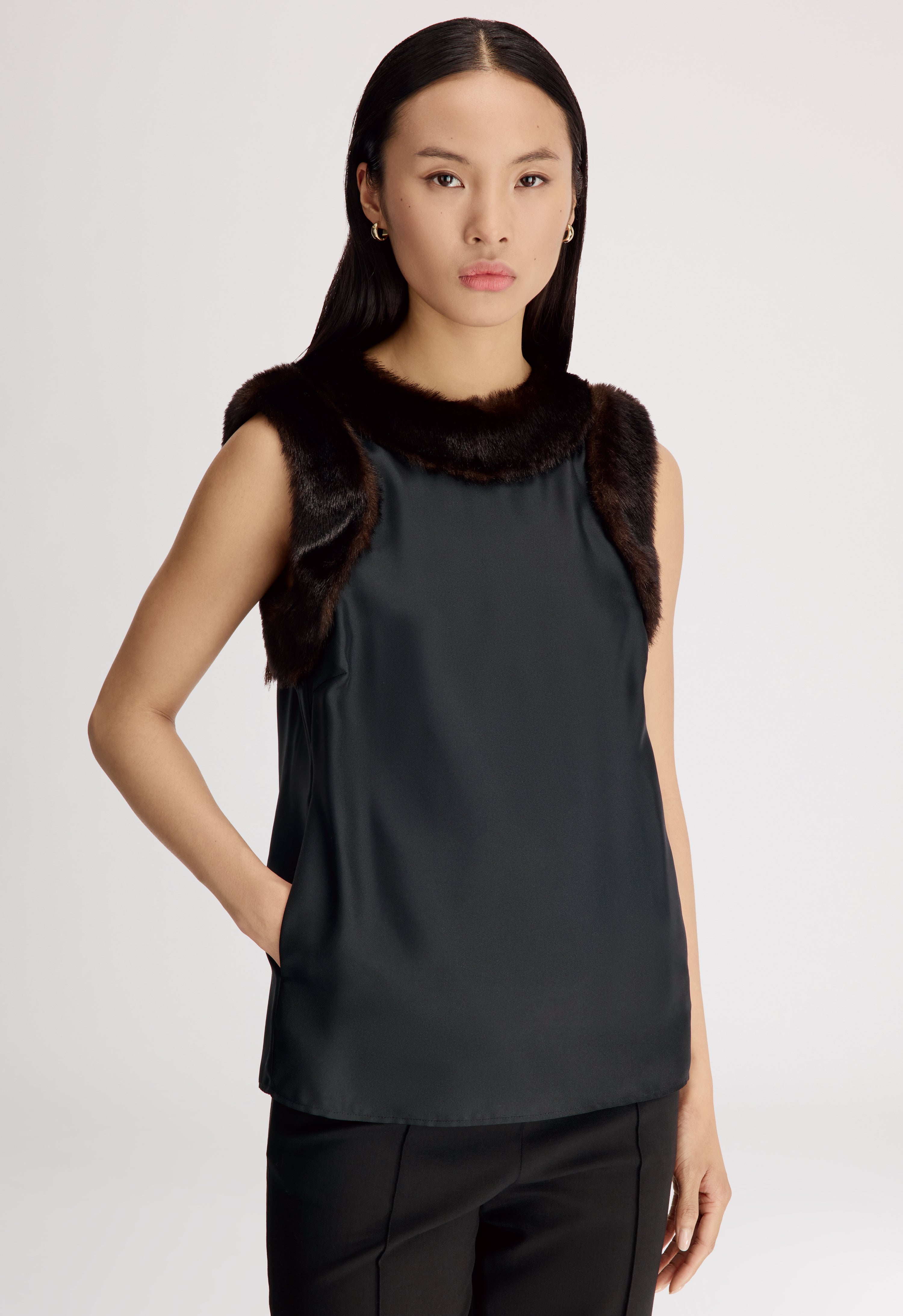 ZAIRA Silk twill and faux fur top