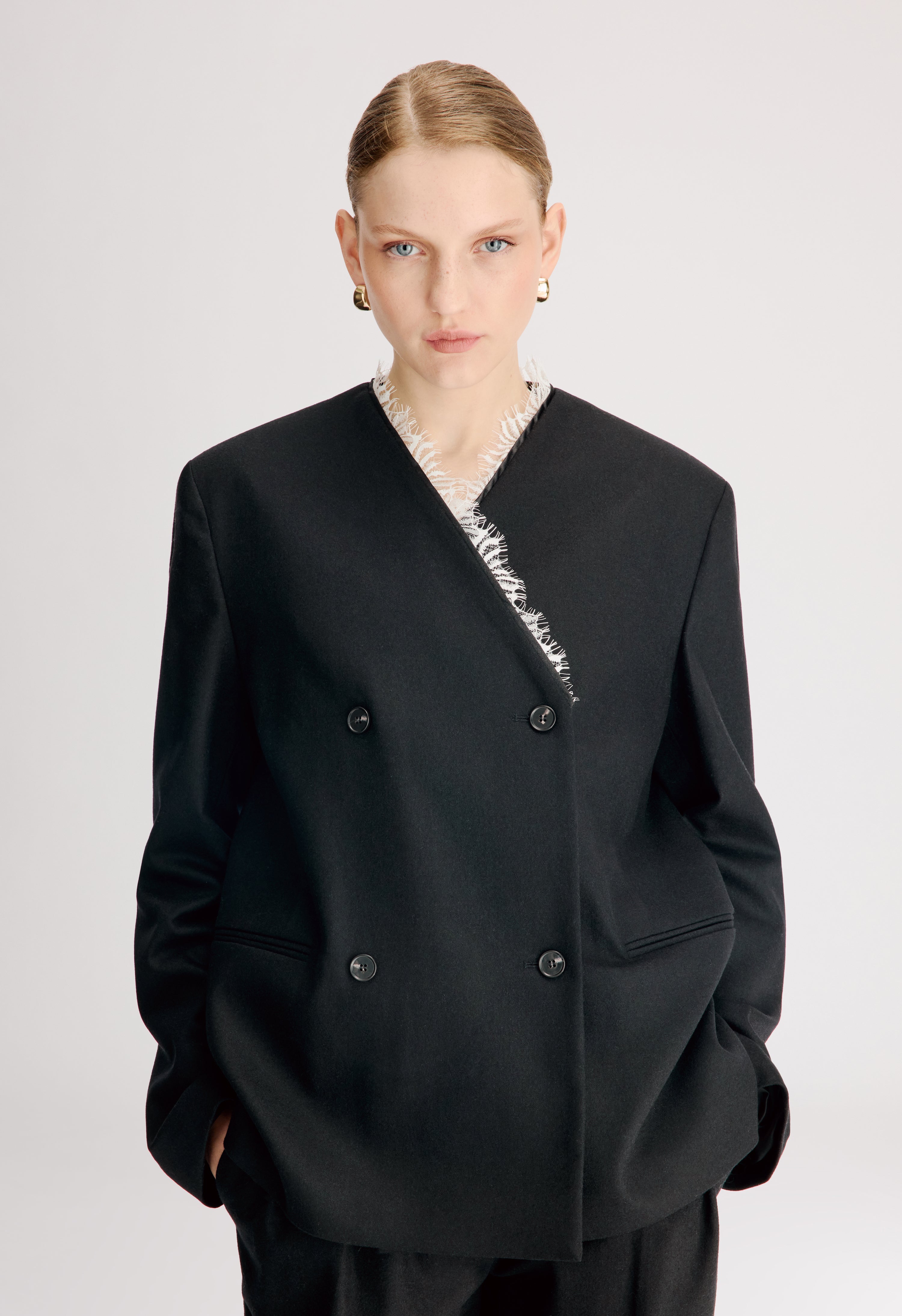 LEANDRA Double breasted lace trim jacket