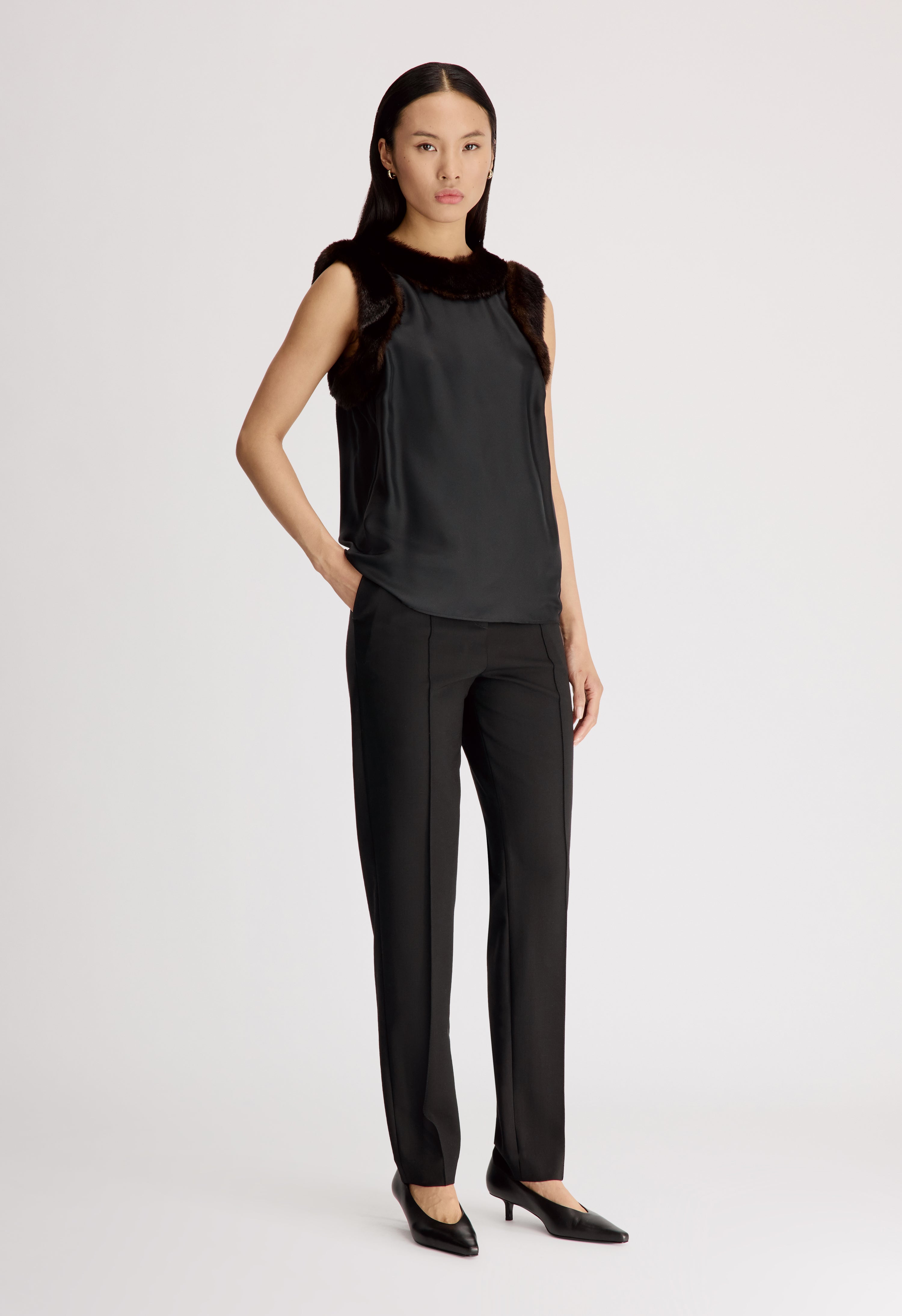 ZAIRA Silk twill and faux fur top