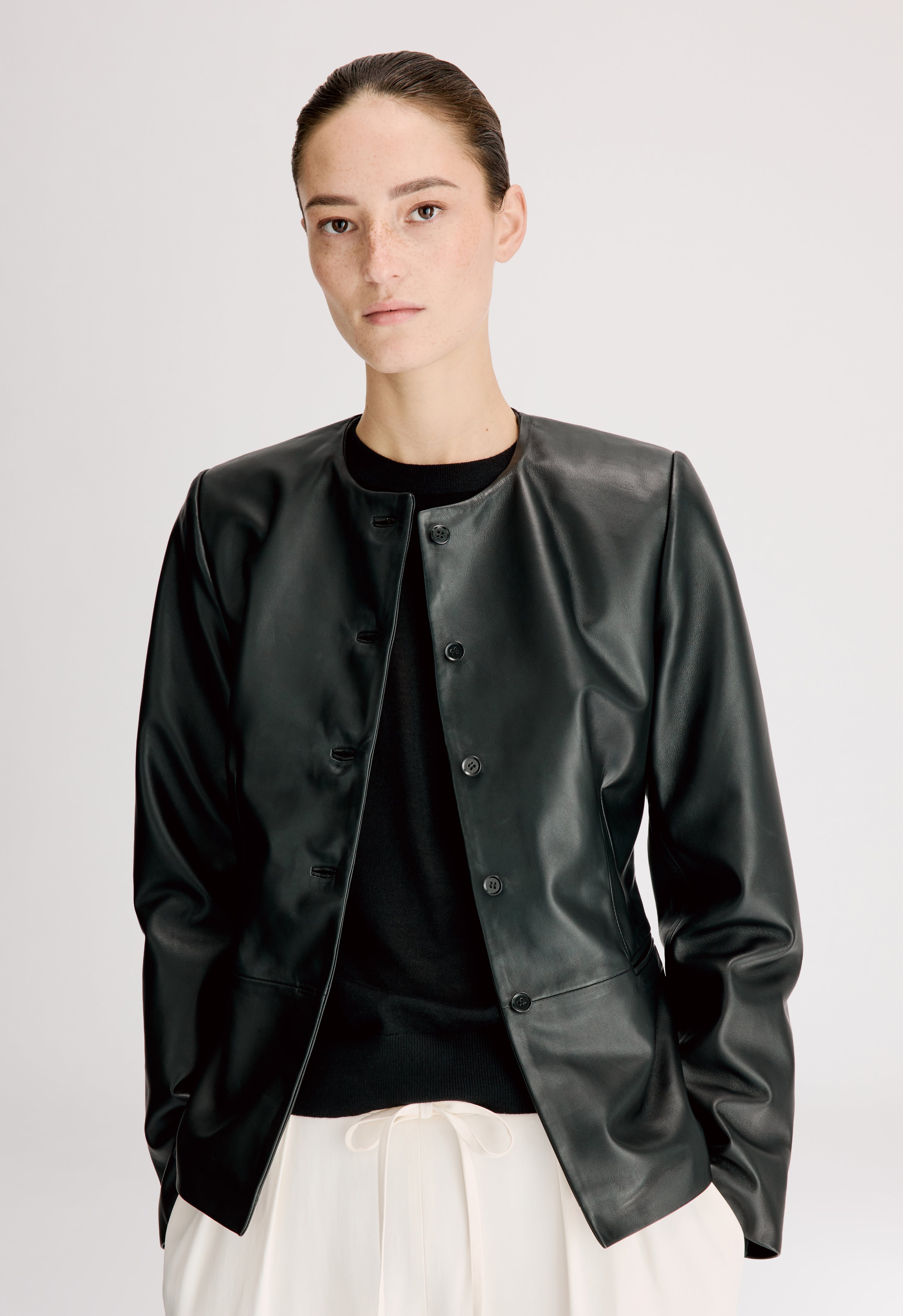 ADEA Collarless leather jacket